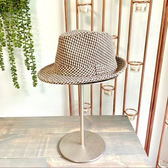 Accessories - Houndstooth Wool Fedora Hat Brown & Cream